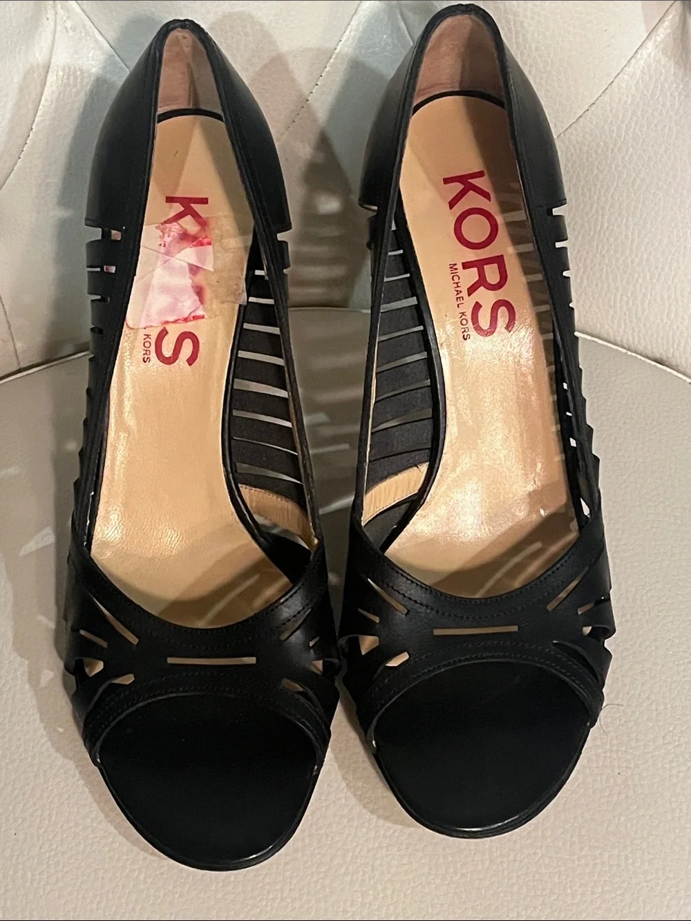 KORS Michael Kors Black Leather Peep-Toe Heels Pump 8.5